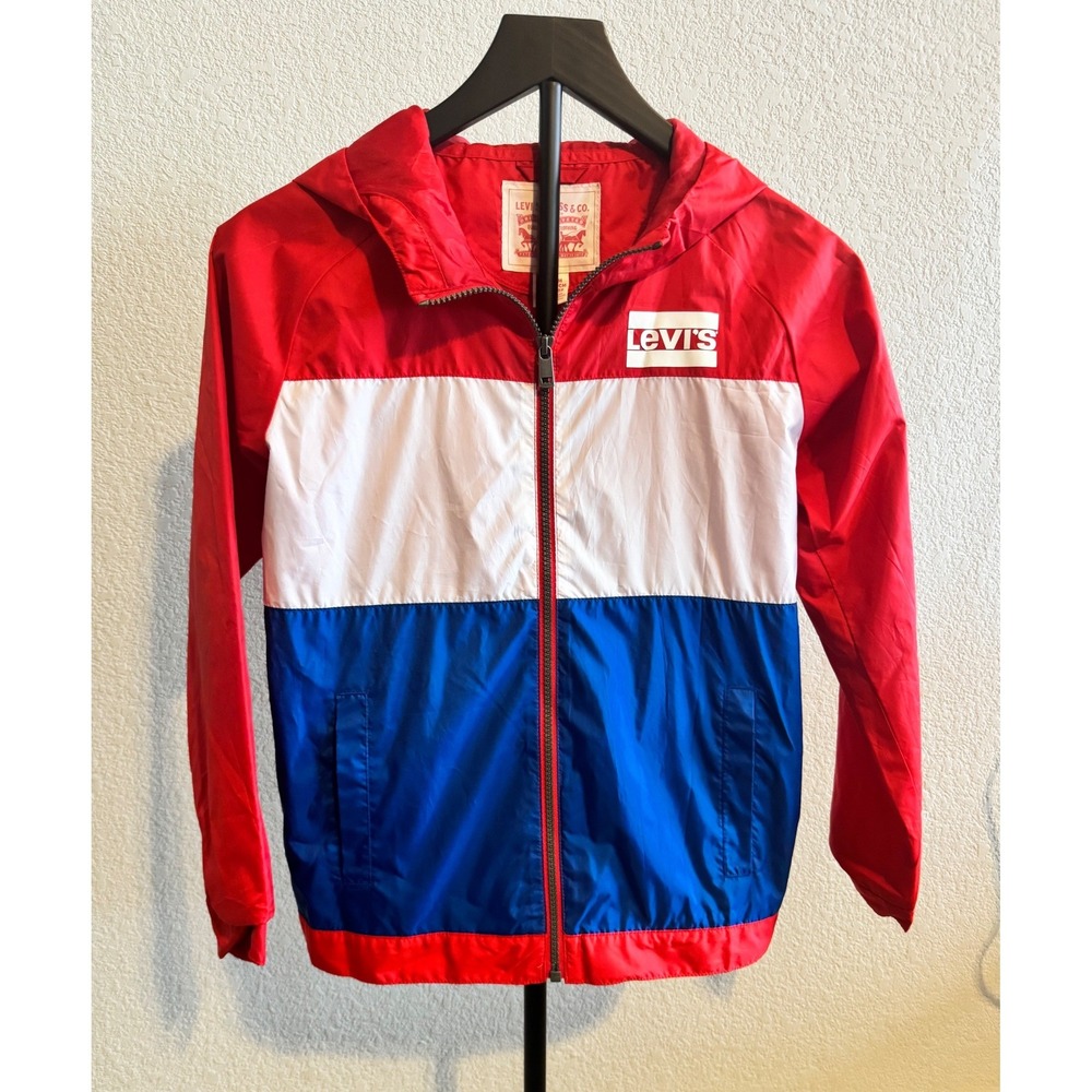 Levis Kids Red White Blue Colorblock Hooded Windbreaker Jacket Size M 10-12